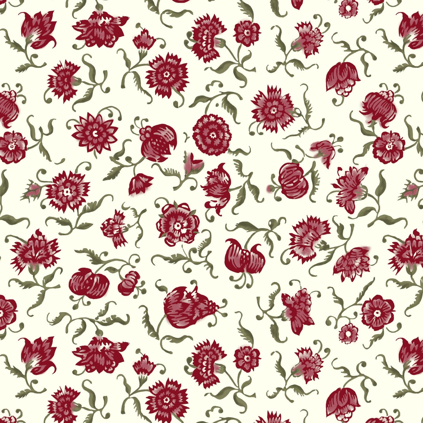 Pattern of red flowers with green leaves on a white background