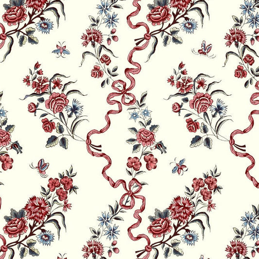 Floral pattern with red roses and ribbons on a white background
