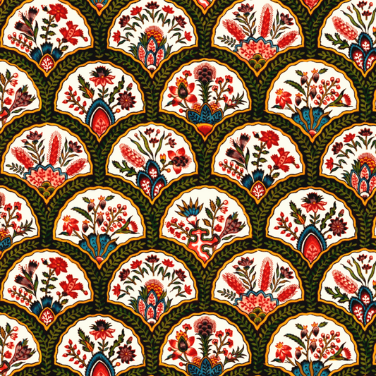 Decorative pattern with floral designs in red, blue, and green on a black background.