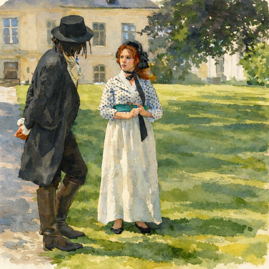 Painting of a man and woman standing on a grassy lawn with a house in the background