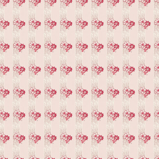 A repeating floral pattern featuring pink and red flowers with green leaves on vertical textured beige stripes over a pale pink background.