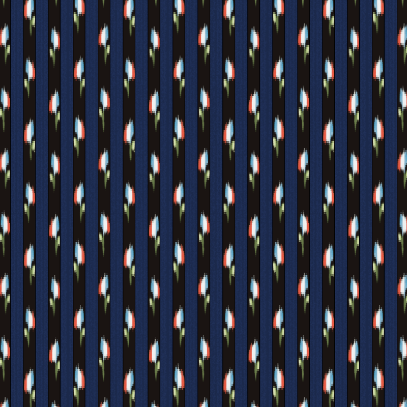 A fabric print with a floral pattern predominantly in blue, red, and white colors, with a strengthening lining fabric.