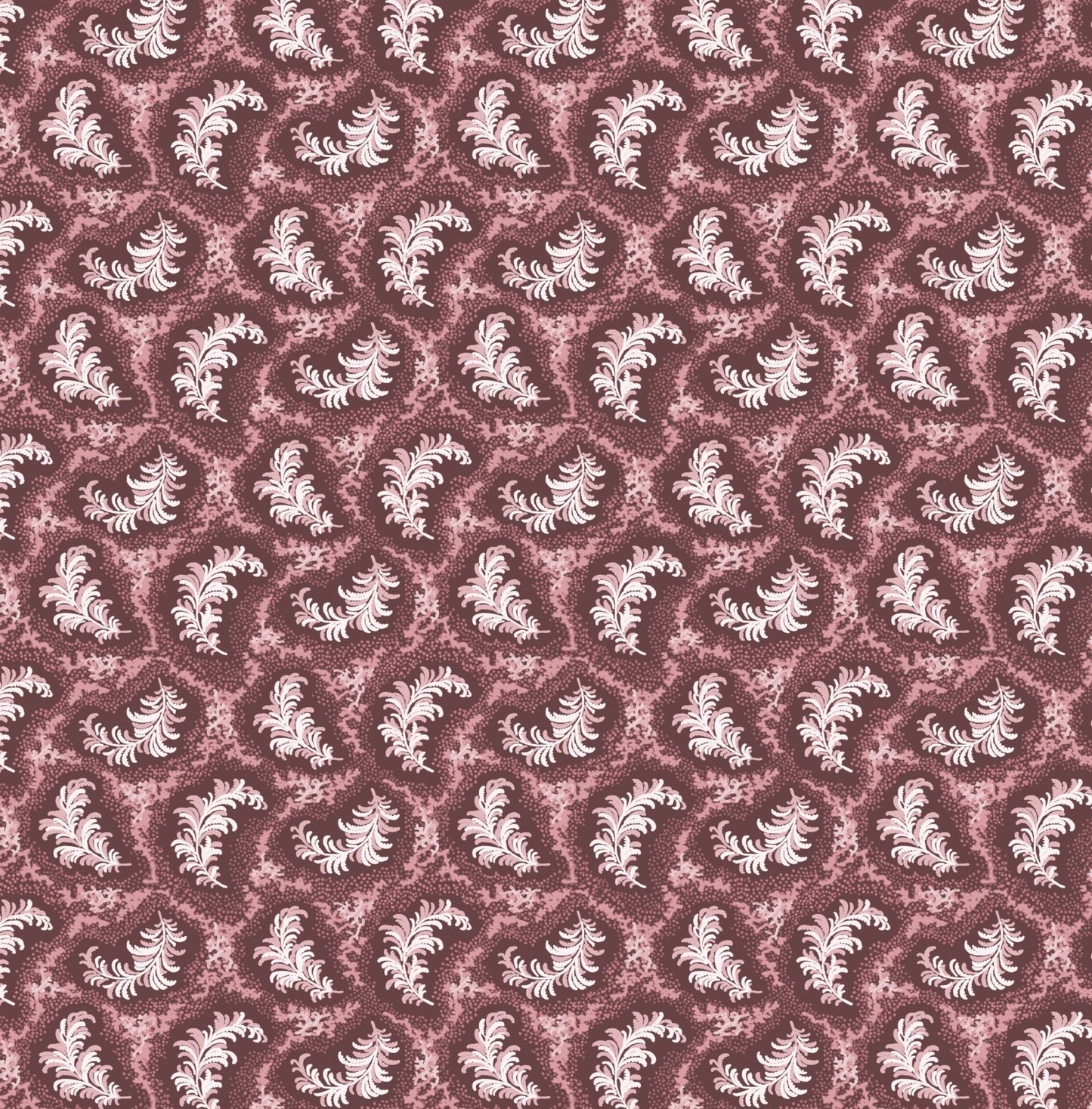 Patterned fabric with white floral shapes on a red-brown background