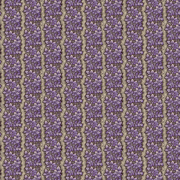 Patterned fabric with vertical stripes of purple floral design on a beige background