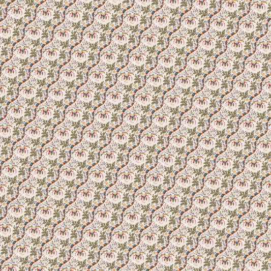 Patterned fabric with a repeating design on a beige background