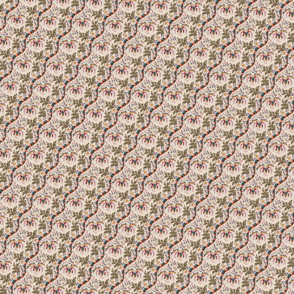 Patterned fabric with small floral and geometric design on a beige background