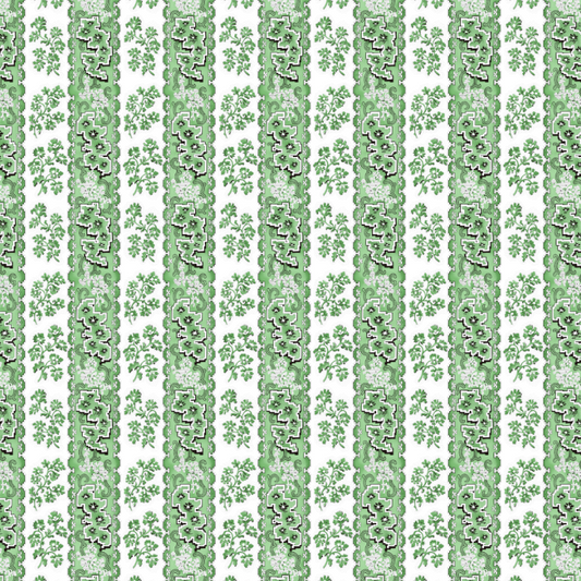 Pattern of green stripes with small white flowers on a white background