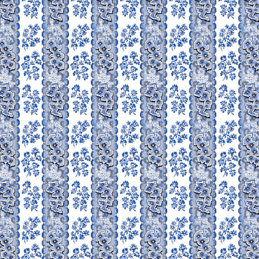 Patterned fabric with blue and white stripes and floral designs on a white background