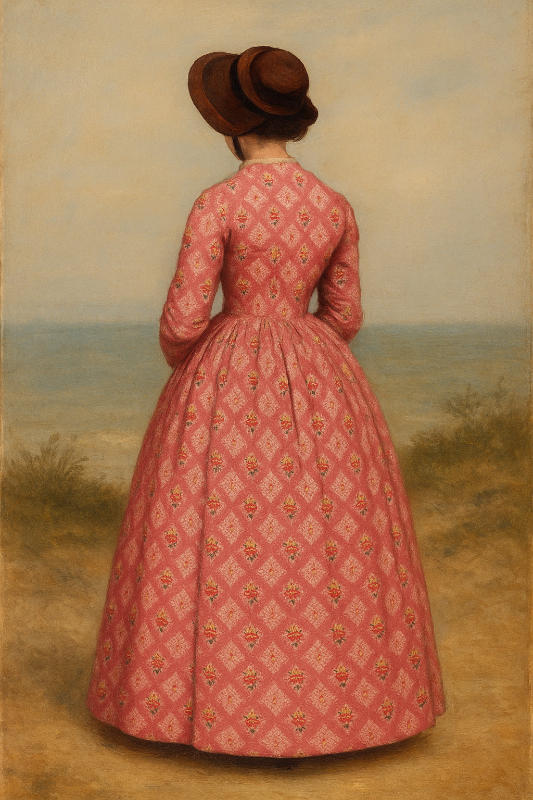 Woman in a pink dress and brown hat standing in a field with a blurred landscape.