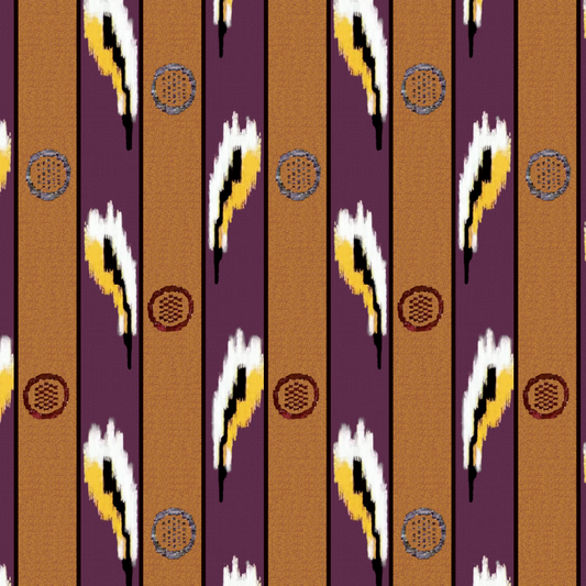 A silk satin fabric featuring a purple background with a floral and geometric pattern design.