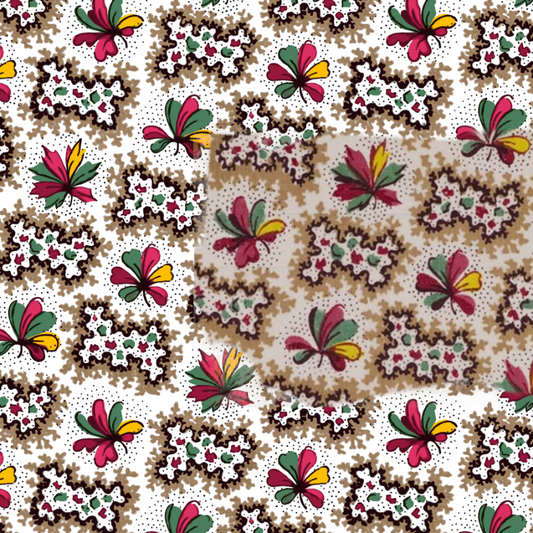A fabric with a floral and geometric pattern featuring red, green, and yellow colors on a white background.