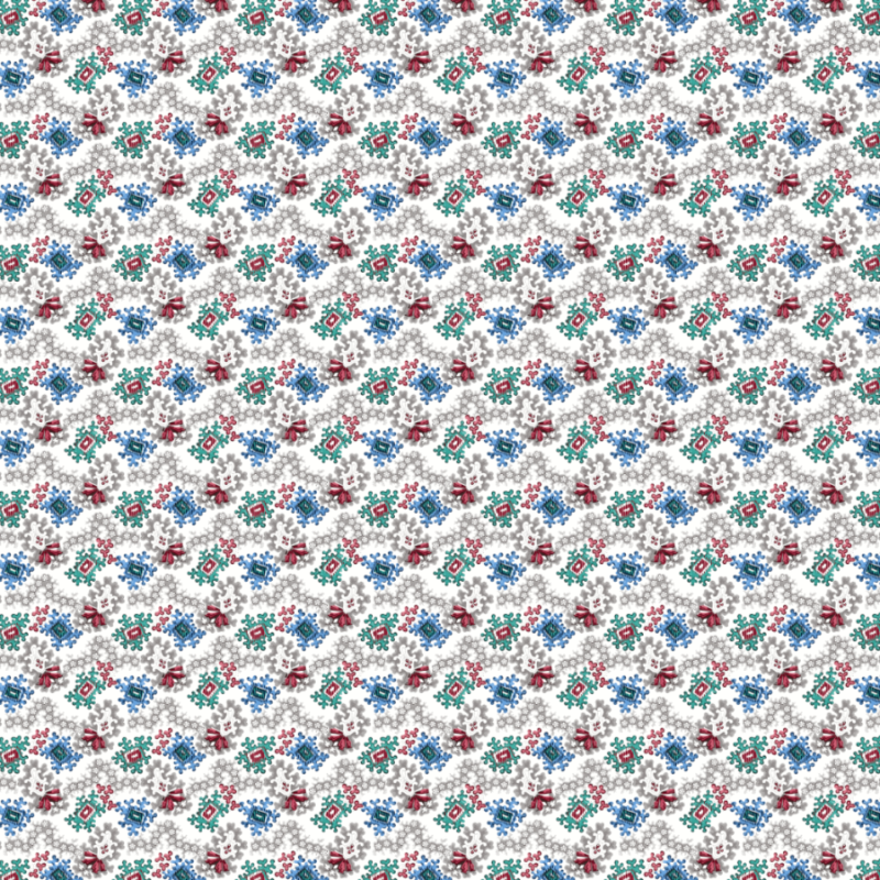 This playful geometric print combines stylised blue and turquoise ornamental motifs with delicate grey floral tracery and small crimson ribbon-like accents arranged across a soft cream ground.