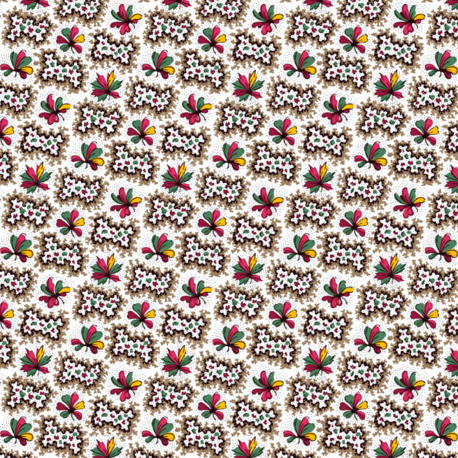 A fabric with a floral and geometric pattern featuring red, green, and yellow colors on a white background.