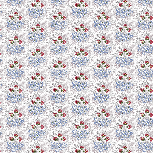 This delicate floral print features soft blue flower clusters combined with small crimson blossoms and fine trailing botanical details arranged across a light cream ground.