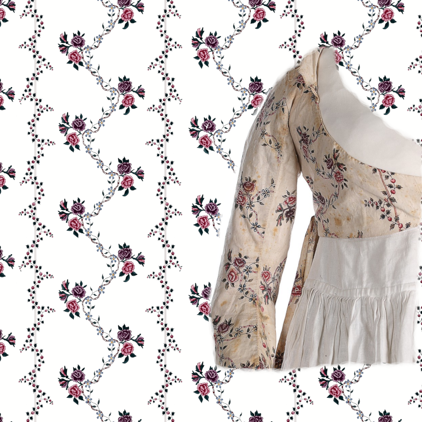 Overdress of a robe à l’anglaise Chintz: cotton tabby, painted mordants and resist Made in coastal southeast India for the European market, dress likely constructed in Britain ROM Collections Roses red blue green white