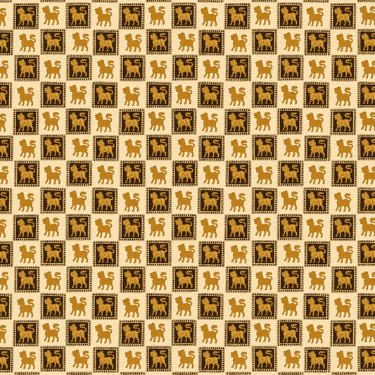 A repeating pattern of stylized camel silhouettes inside dark brown rectangular frames on a warm beige background.