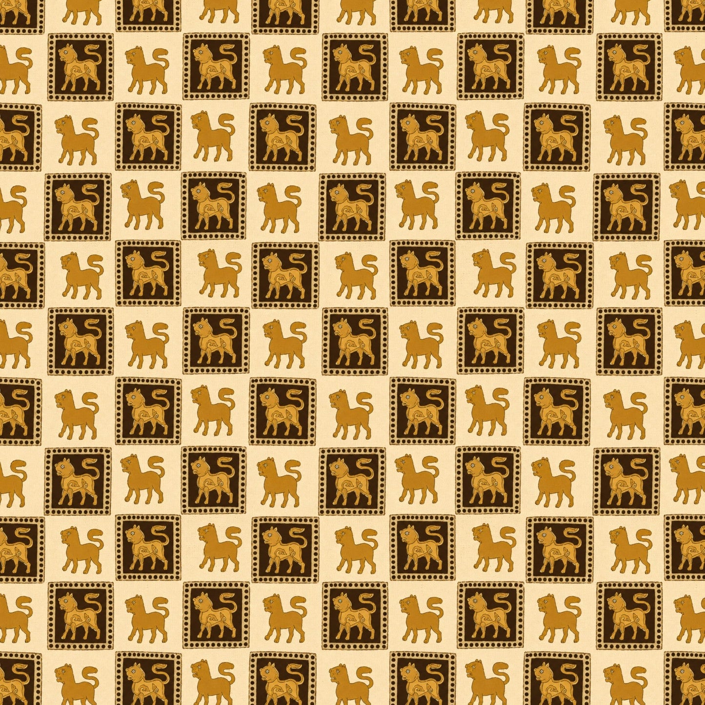 A repeating pattern featuring stylized golden-brown lion silhouettes inside dark brown square frames, set on a warm beige background.