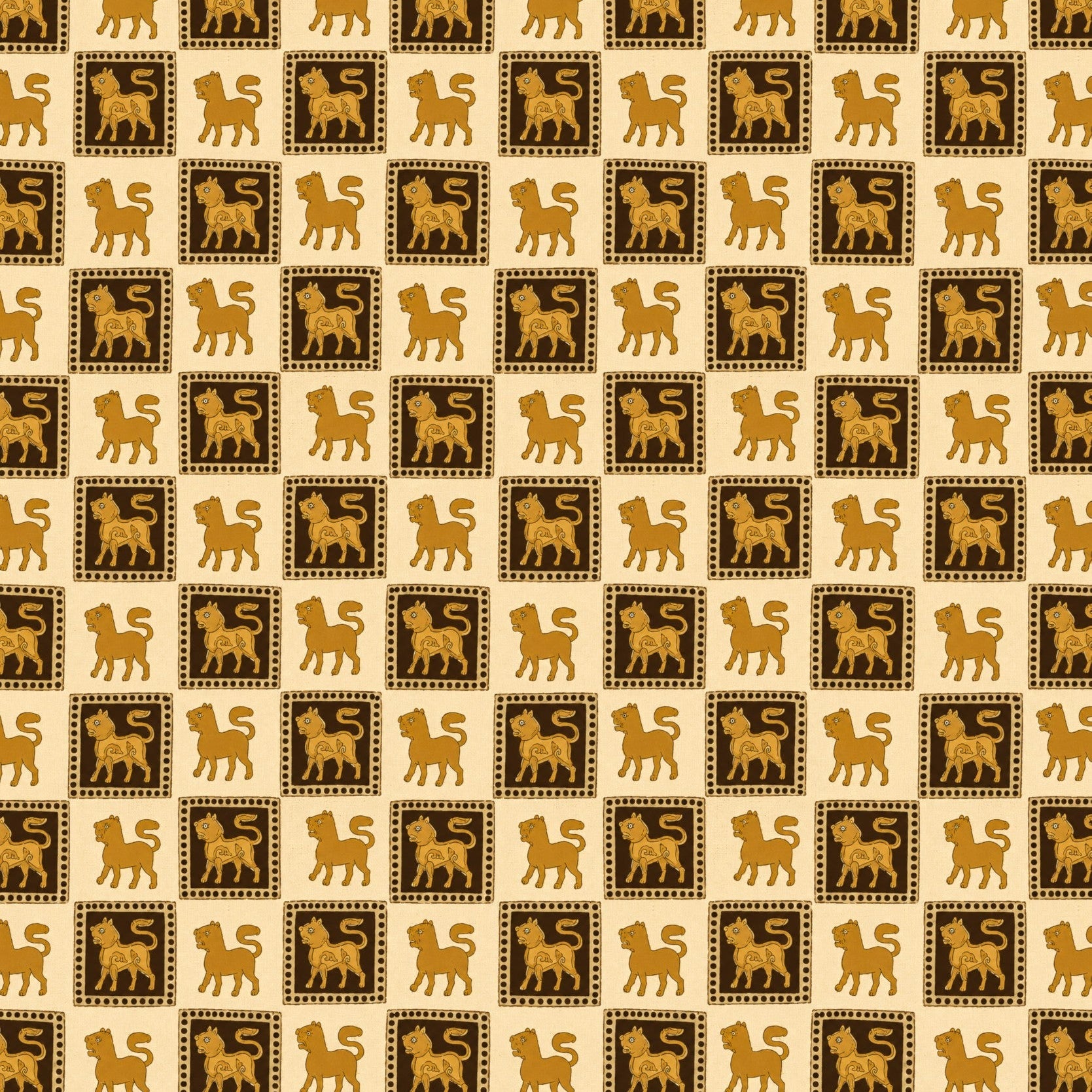 A repeating pattern featuring stylized golden-brown lion silhouettes inside dark brown square frames, set on a warm beige background.