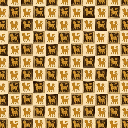 A repeating pattern featuring stylized golden-brown lion silhouettes inside dark brown square frames, set on a warm beige background.