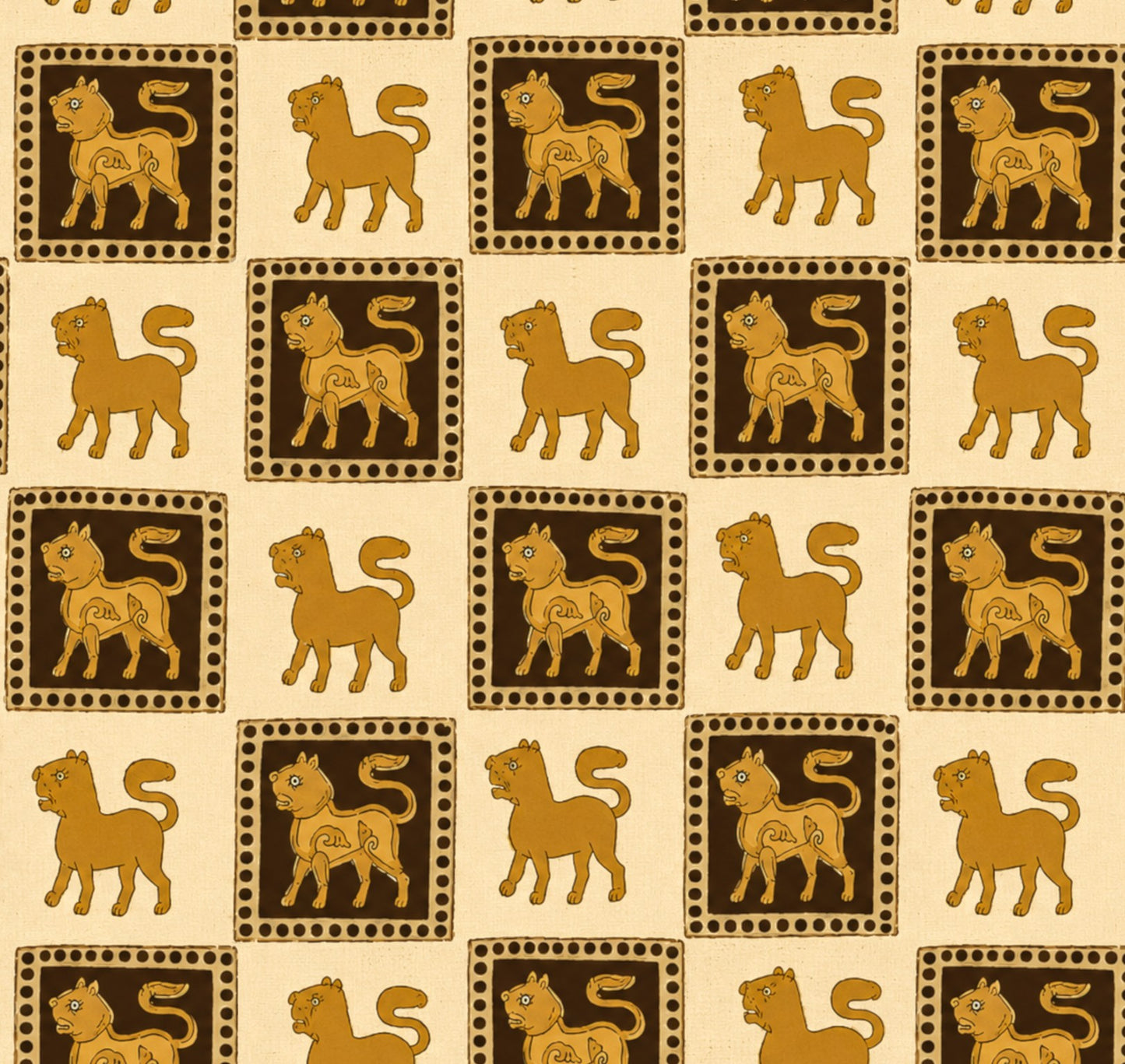 A repeating pattern of stylized tan and brown cat illustrations arranged in a grid on a warm cream background.