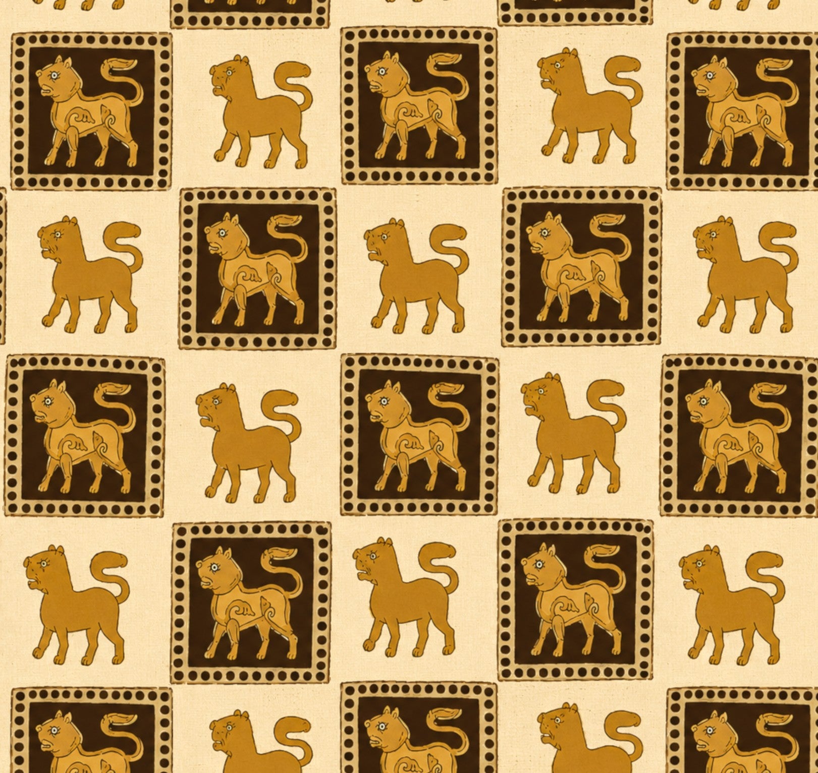 A repeating pattern of stylized tan and brown cat illustrations arranged in a grid on a warm cream background.