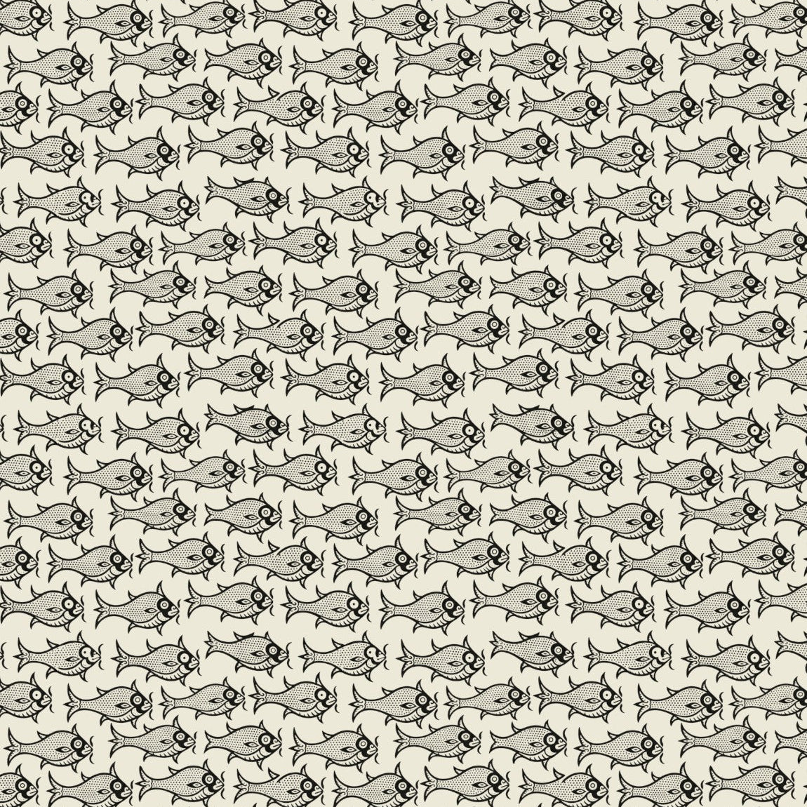 A repeating pattern of small cartoon fish in light gray with black outlines on a warm off-white background.