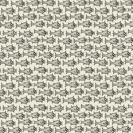 A repeating pattern of small cartoon fish in light gray with black outlines on a warm off-white background.