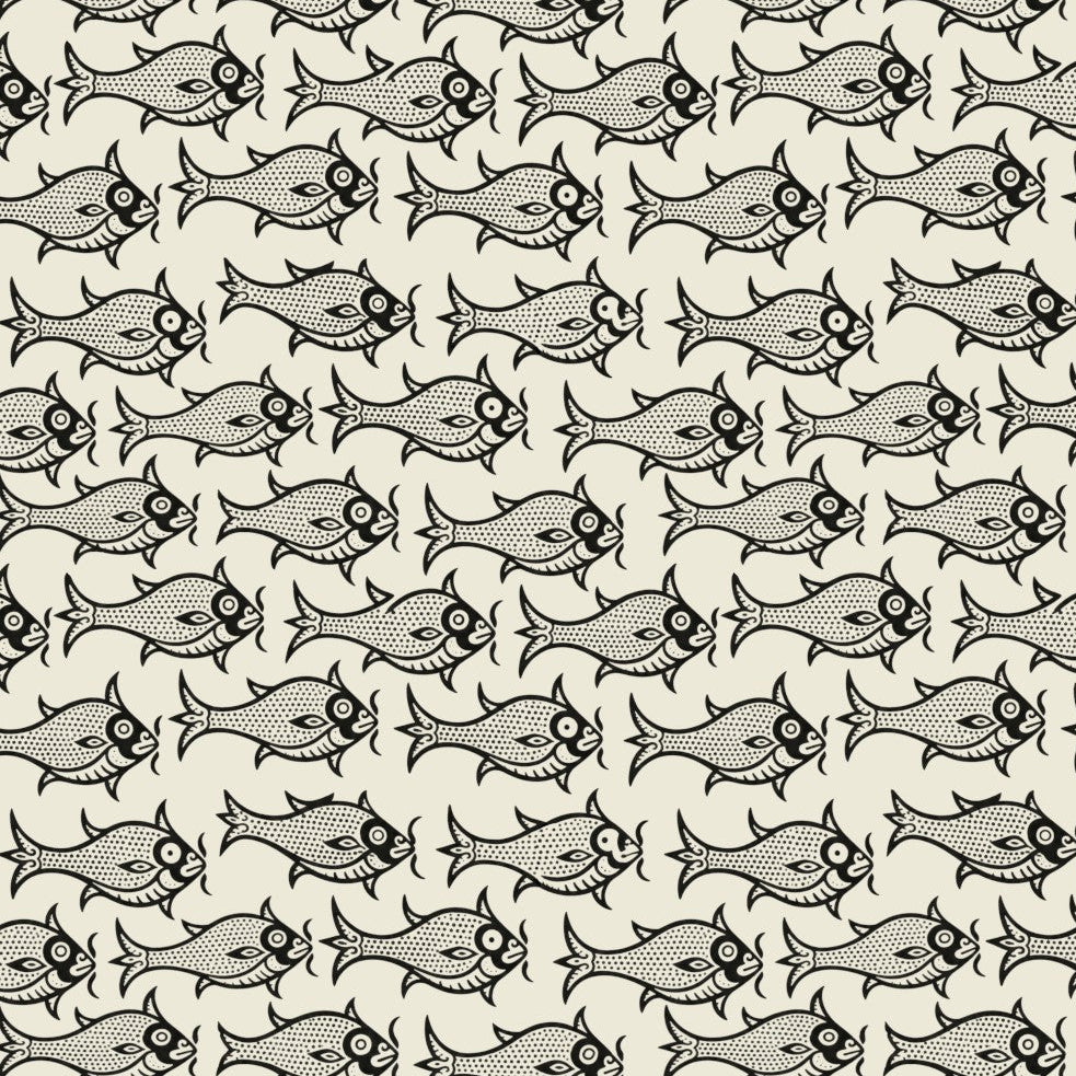 A repeating pattern of hand-drawn cartoon fish in black ink on a warm off-white background.