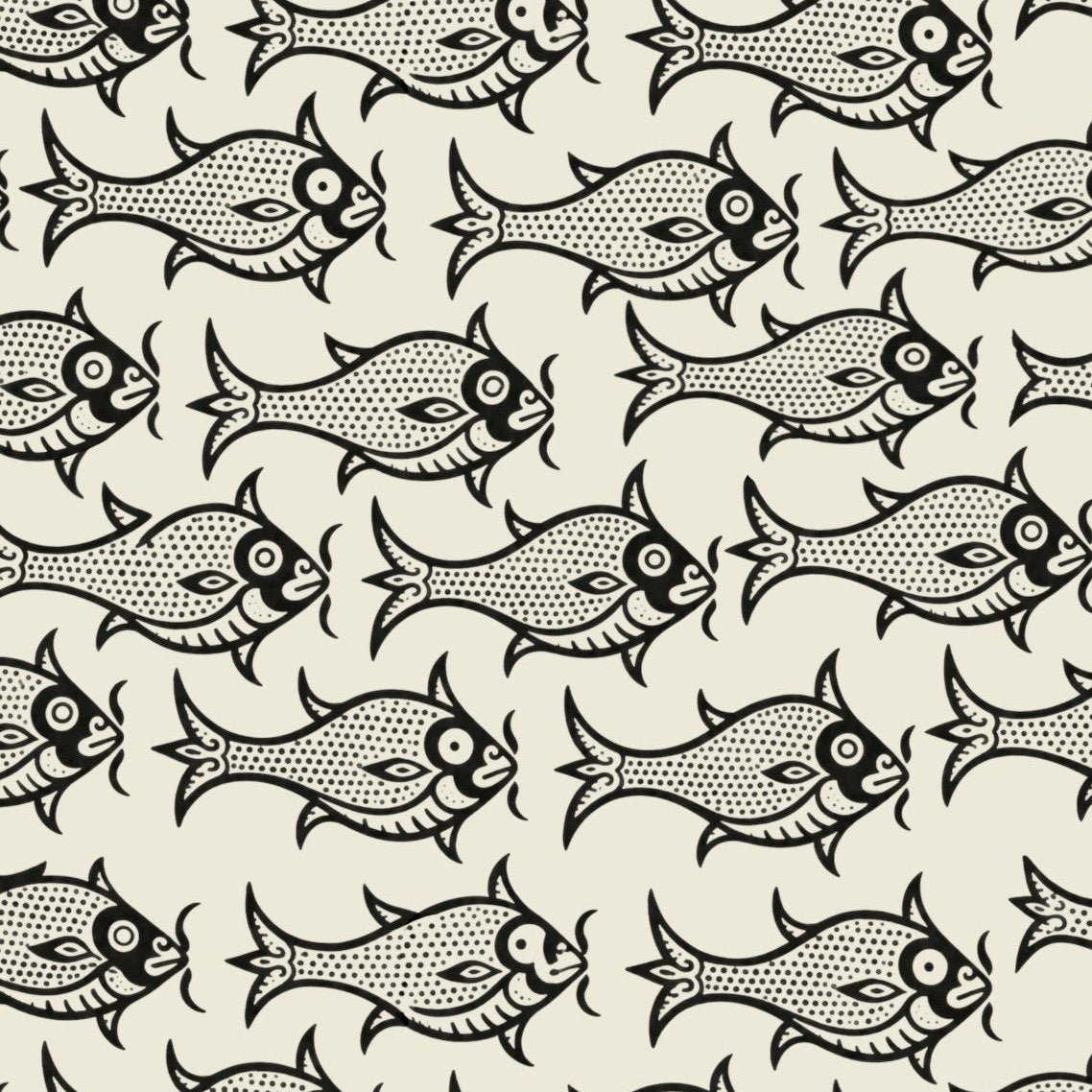 A repeating pattern of stylized black fish with white and gray details on a warm off-white background.