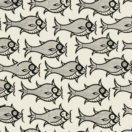 A repeating pattern of stylized black fish with white and gray details on a warm off-white background.