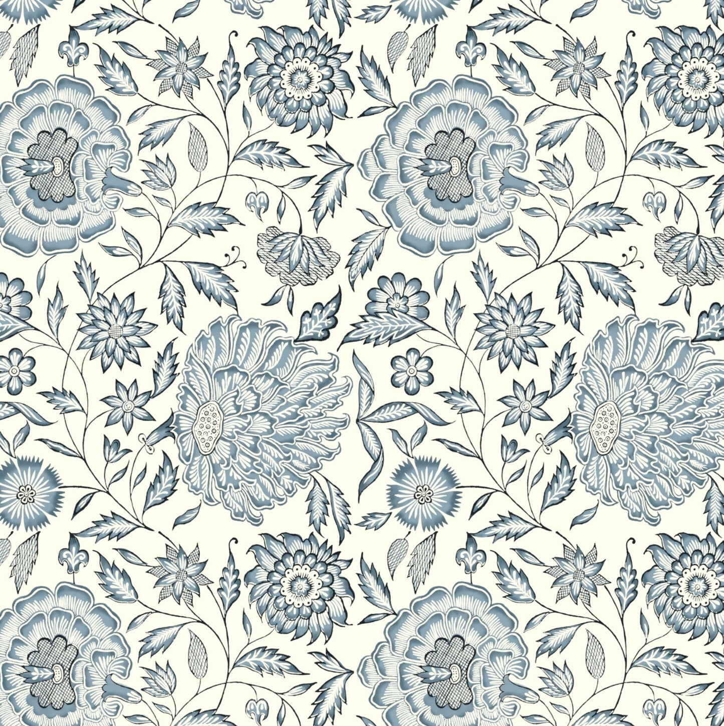 Pattern of blue flowers and leaves on a white background