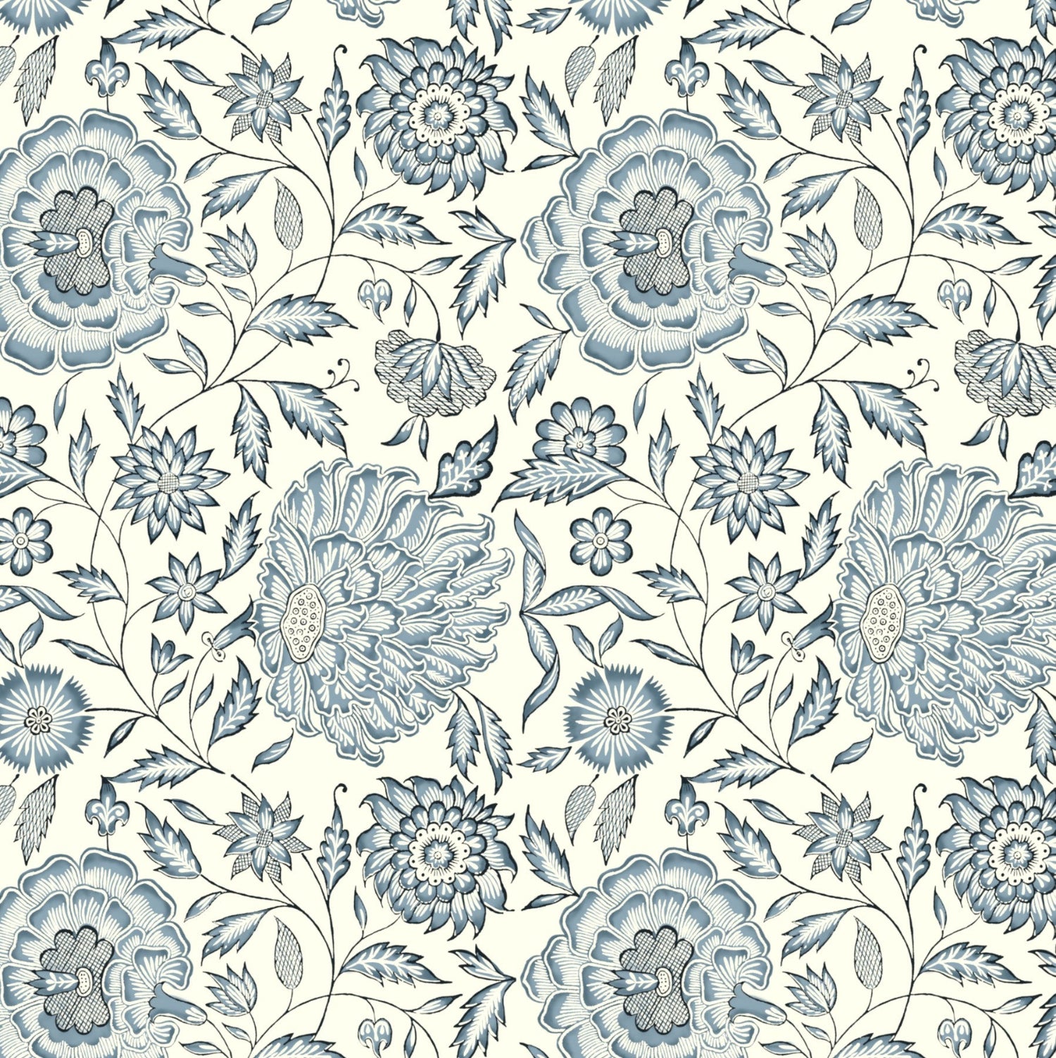 Pattern of blue flowers and leaves on a white background