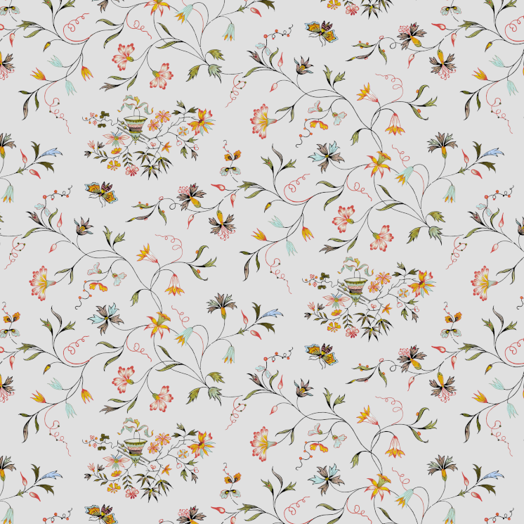 Floral patterned fabric with small flowers and leaves on a light background