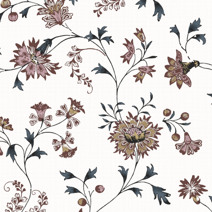 Floral pattern with brown and purple flowers on a white background