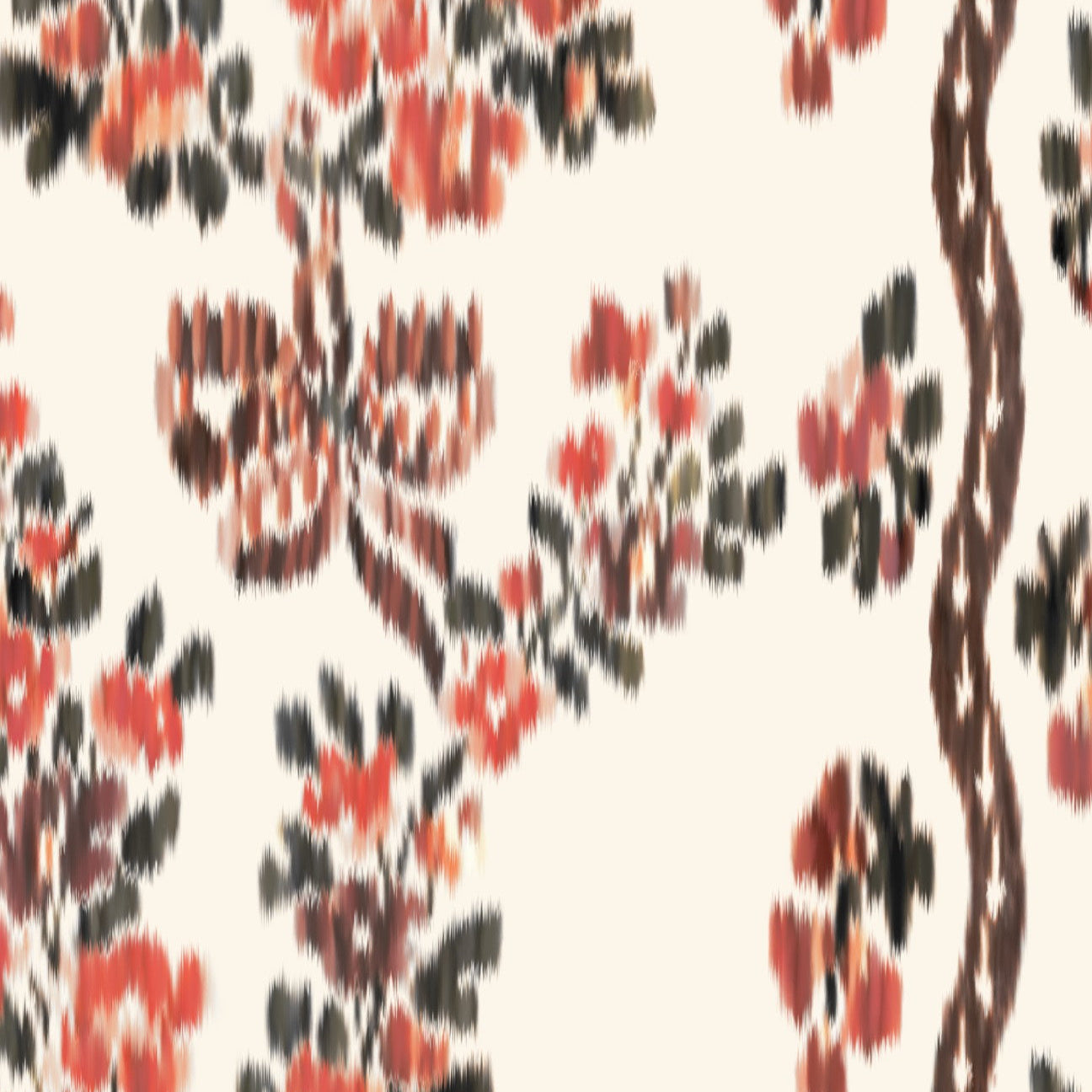 Patterned fabric with red, black, and white design on a beige background