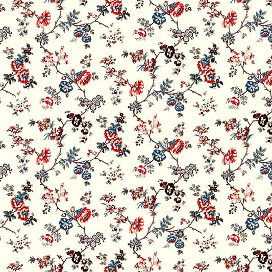 A repeating floral pattern on a warm off-white background, featuring red, blue, and dark brown blossoms and leaves with delicate stems.