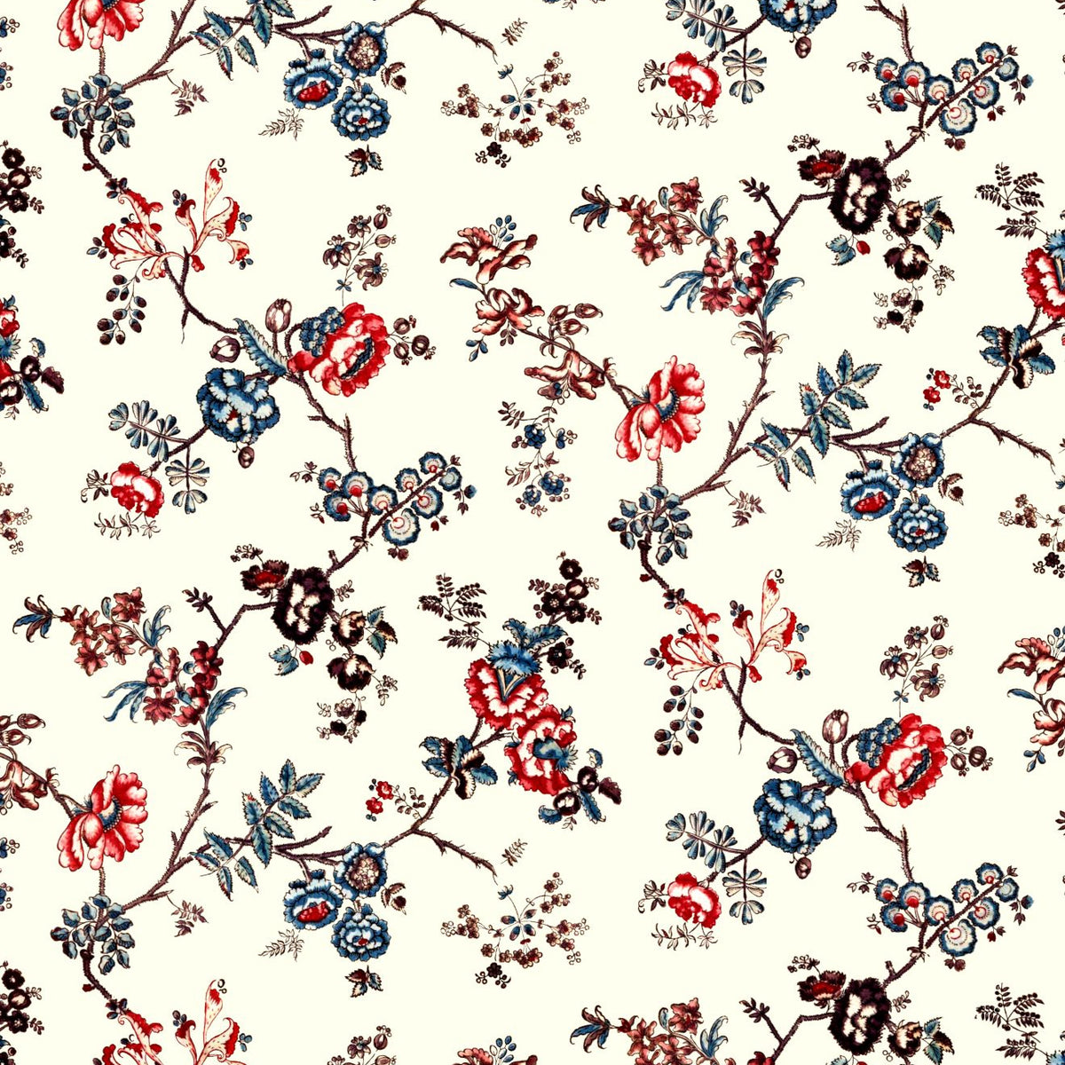 A repeating vintage floral pattern on an off-white background, featuring blossoms and leaves in red, blue, and dark brown.