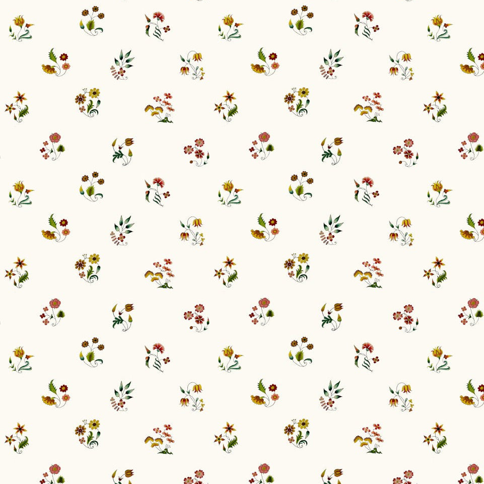 Elegant Rococo floral fabric with scattered embroidered-style flowers on a soft ivory background