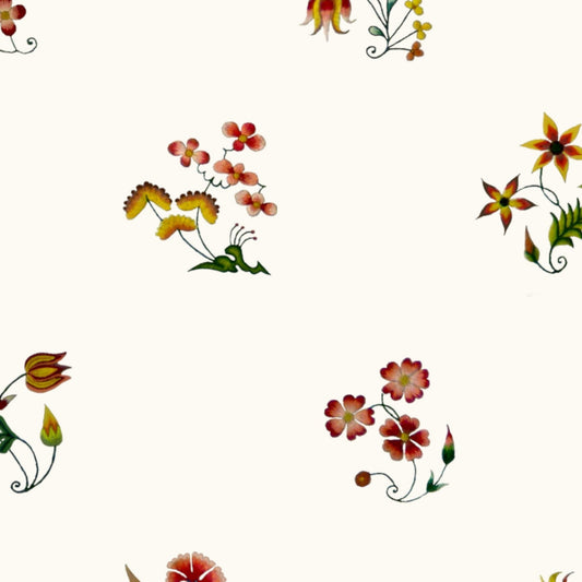 Scattered Rococo floral sprigs on an ivory background inspired by an English embroidered silk gown, c. 1765–1770