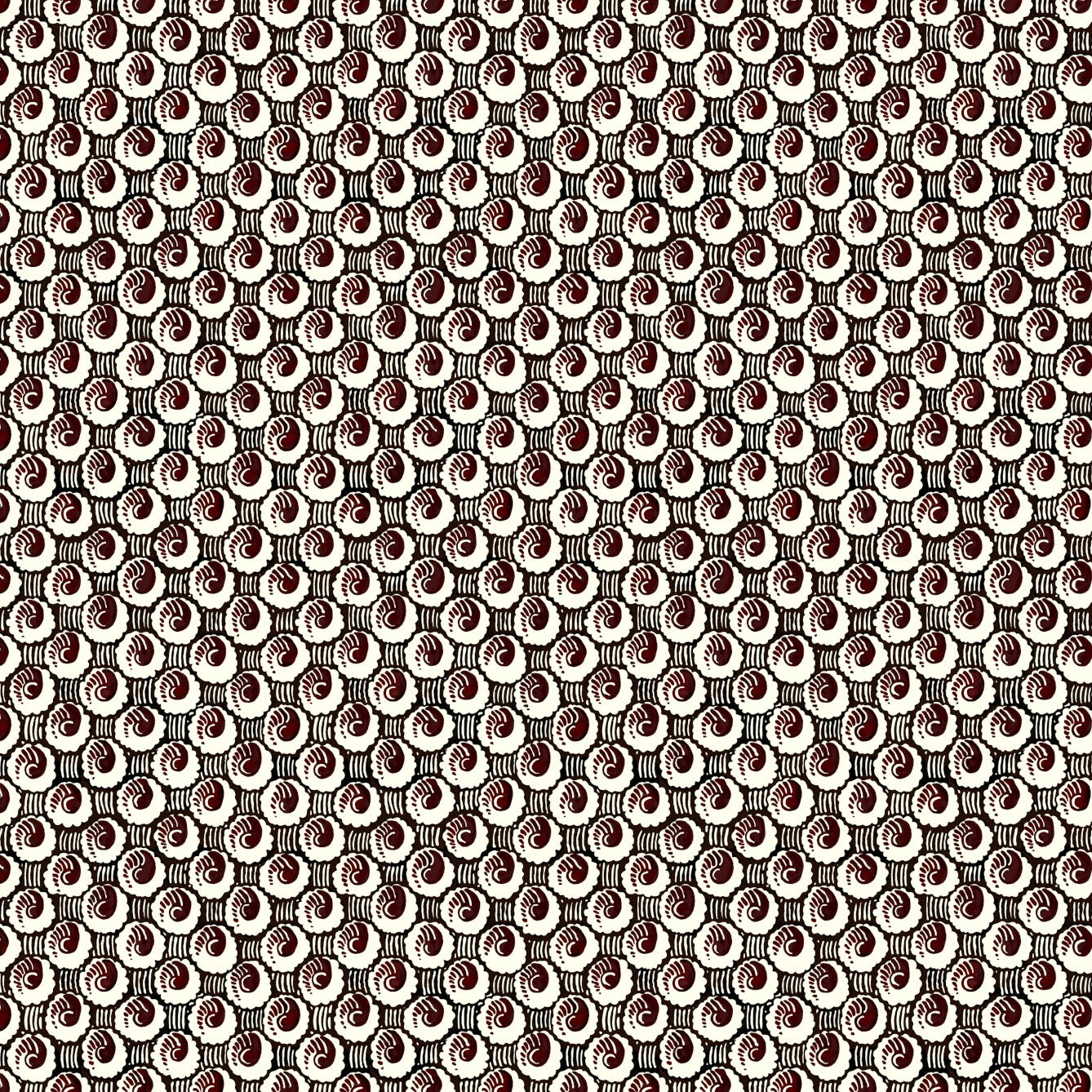 Patterned fabric with a repeating circular design in brown and beige.