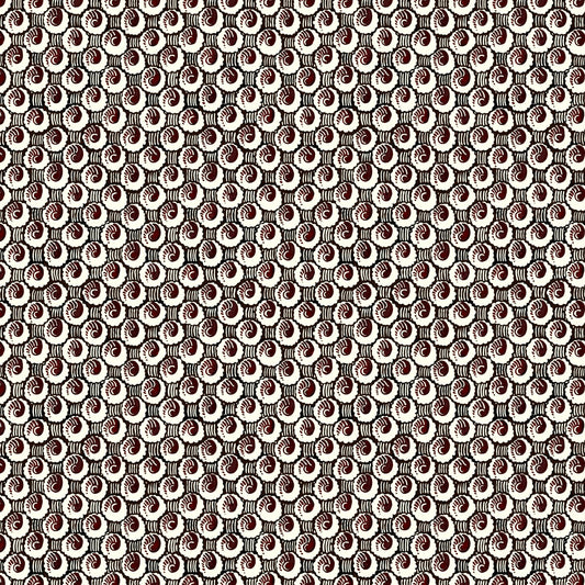 Patterned fabric with a repeating circular design in brown and beige.
