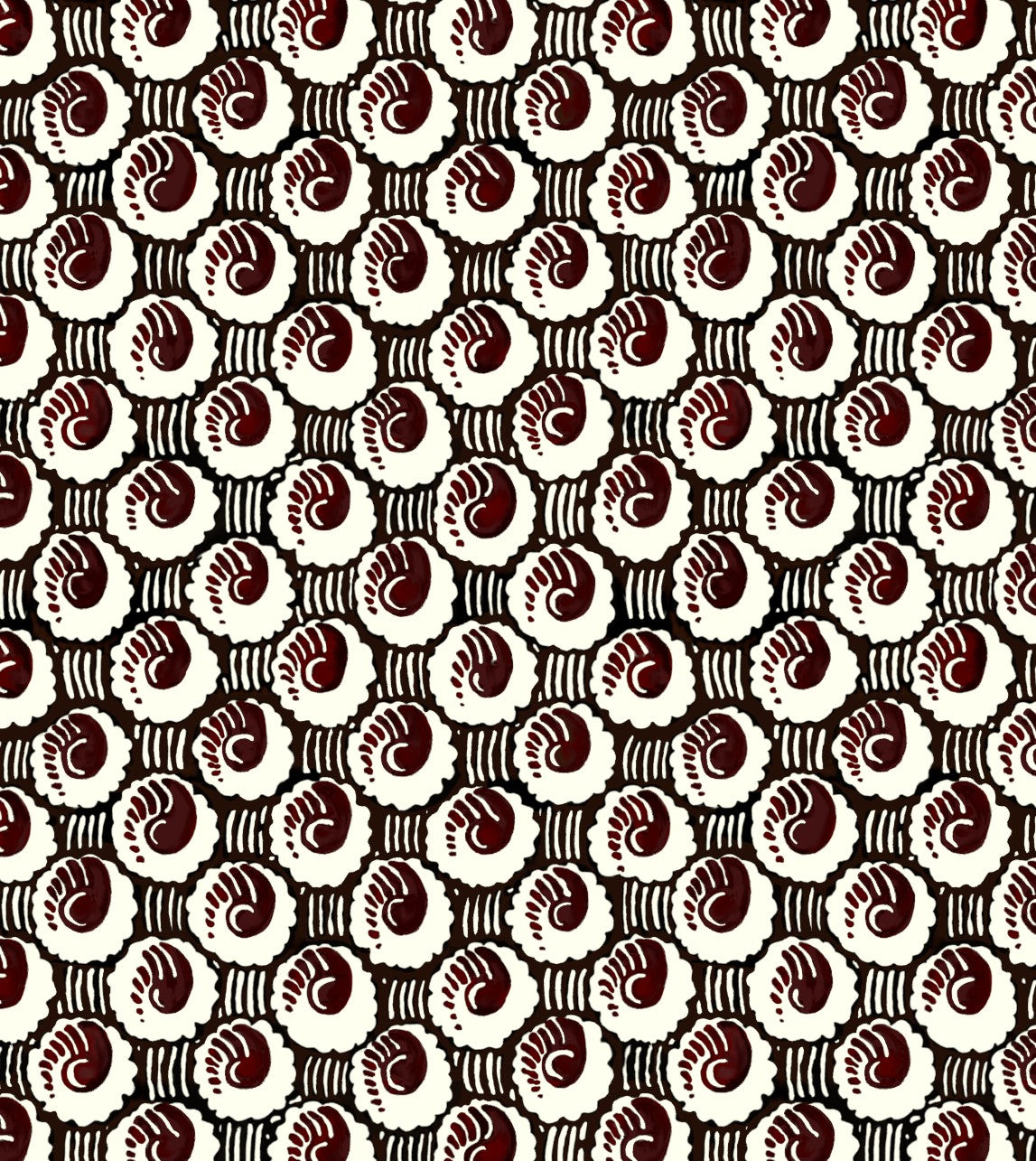 Patterned fabric with a repetitive design of white and brown shapes on a brown background