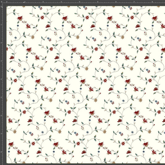 Floral patterned paper with red and green flowers on a white background
