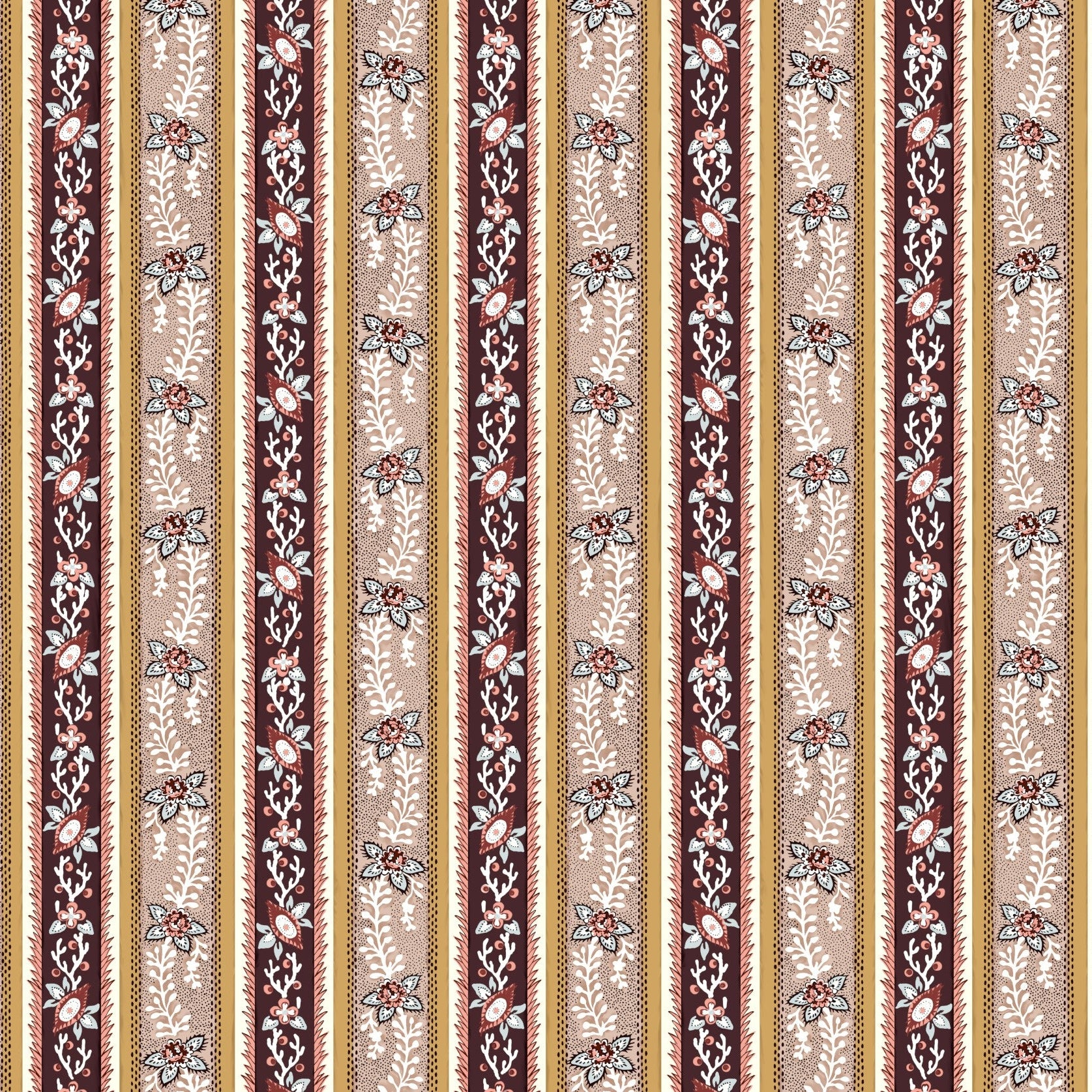 Striped pattern with floral designs on a beige background
