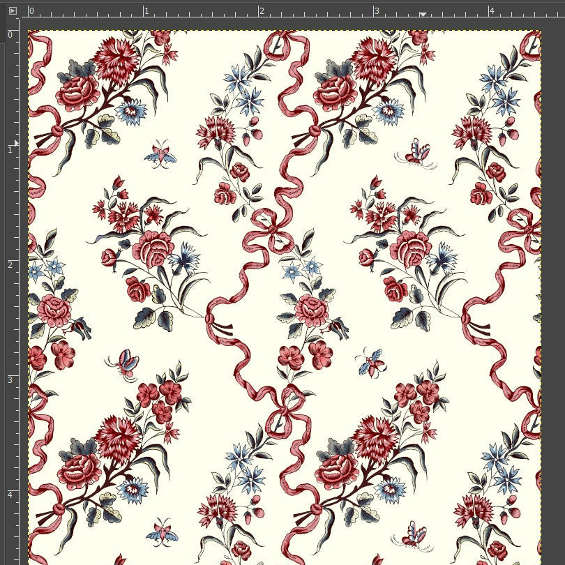 Floral pattern with red roses and ribbons on a white background