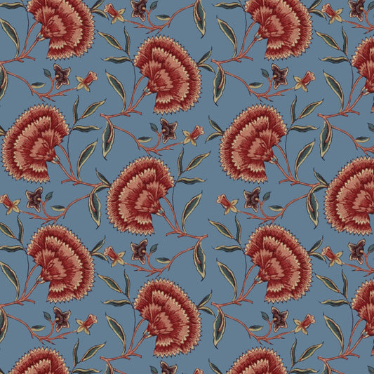Pattern of red flowers on a blue background