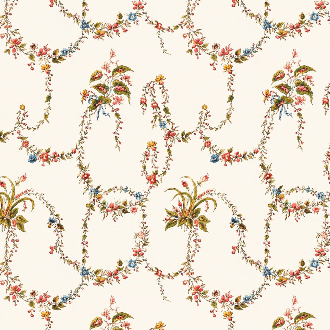 Floral patterned wallpaper with colorful flowers on a light background
