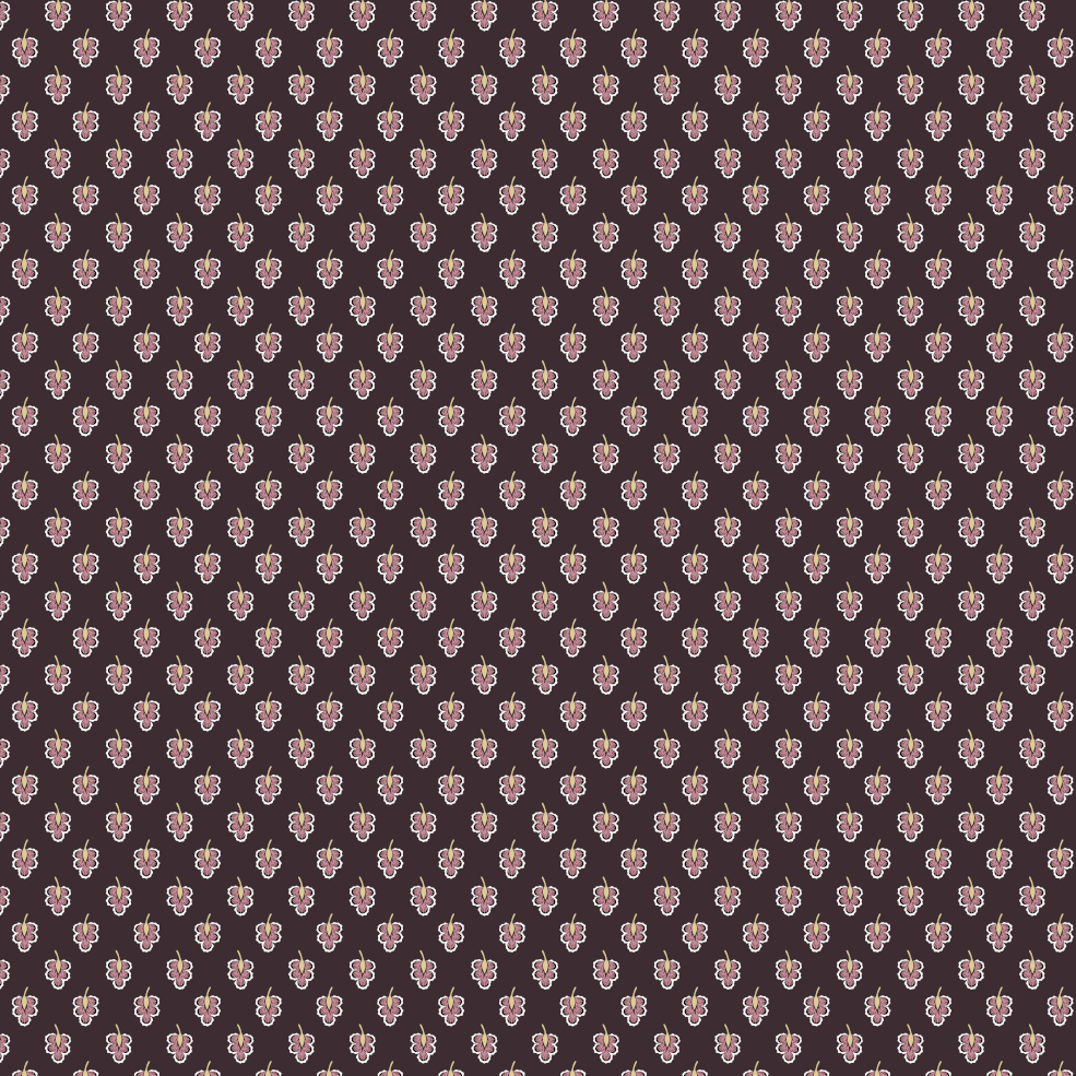 A repeating pattern of small stylized floral or leaf motifs in muted pink, beige, and cream on a dark plum-purple background.