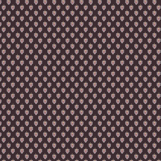 A repeating pattern of small stylized floral or leaf motifs in muted pink, beige, and cream on a dark plum-purple background.