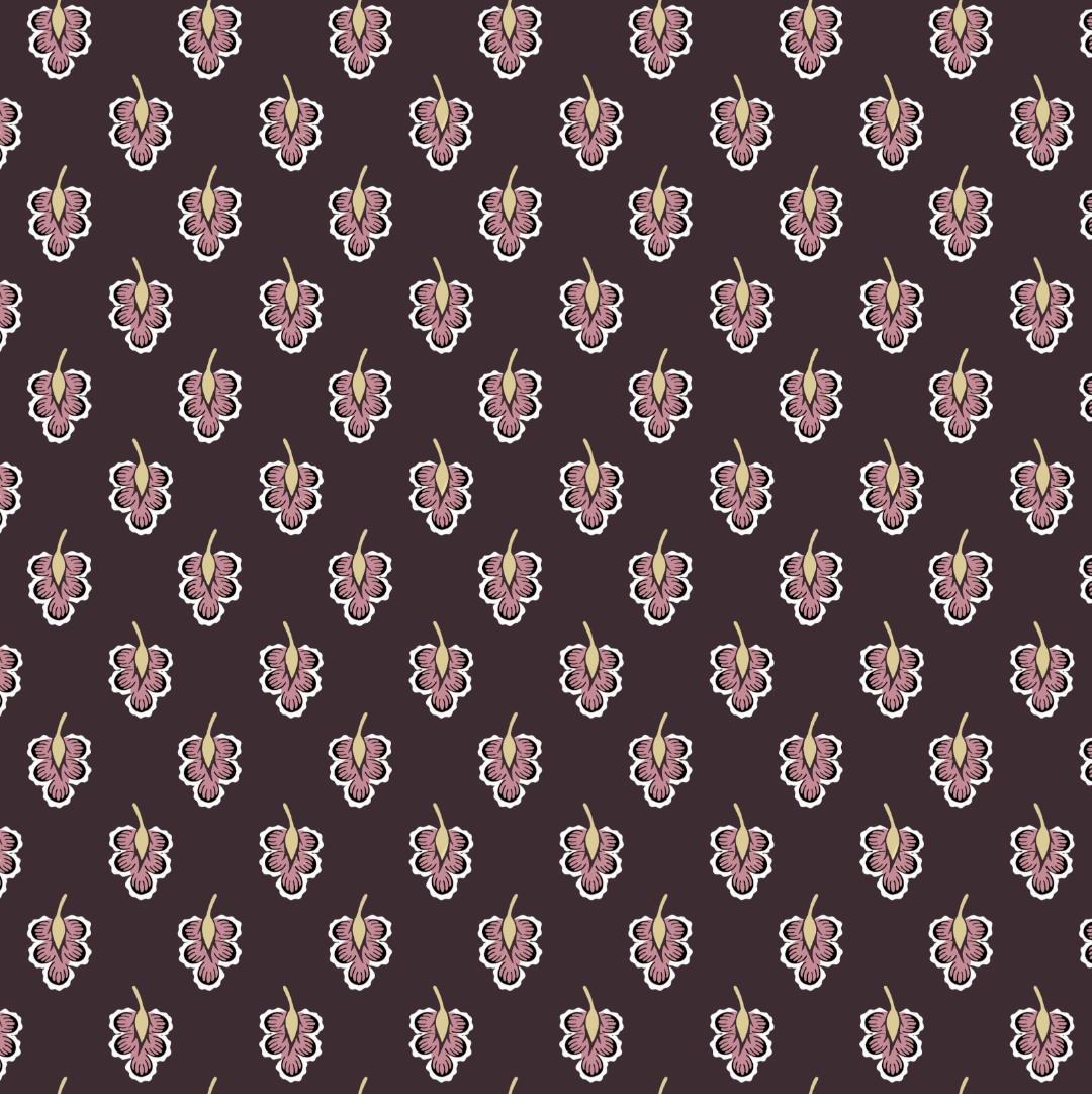 A repeating pattern of stylized pink and purple flowers with white outlines on a dark brown background.